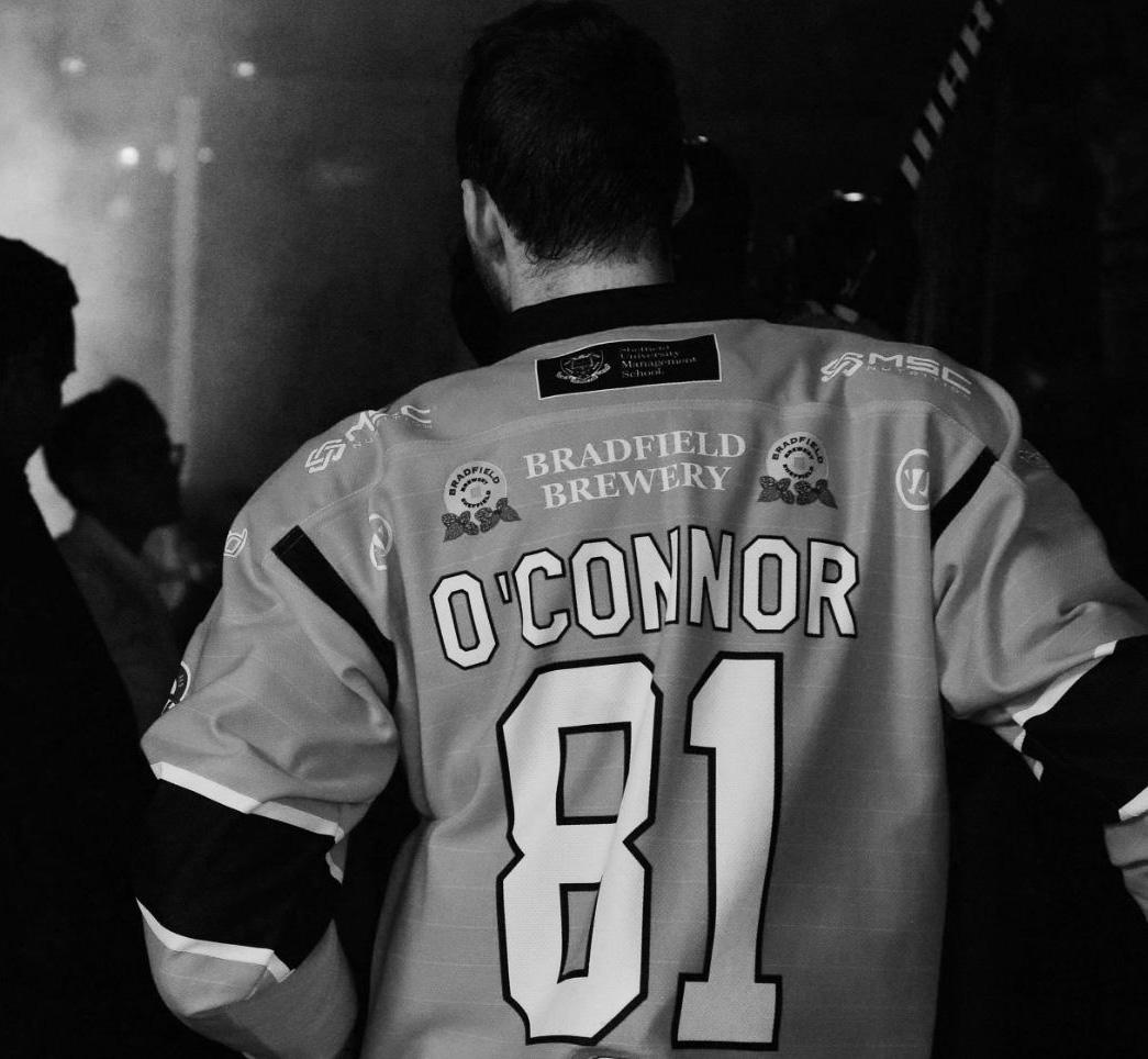 Ice hockey player in kit and facing away from the camera.